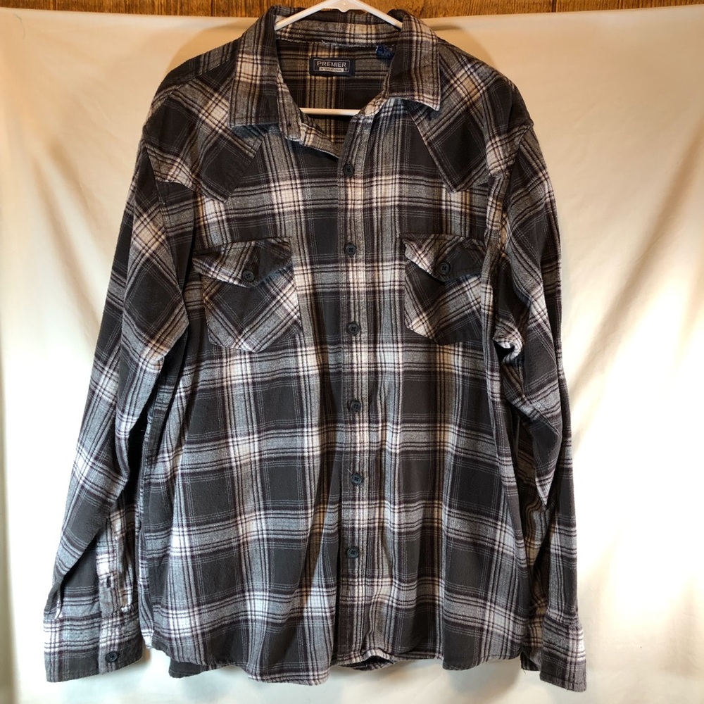 Premier International gray/white plaid flannel button down w/pockets to 2XL